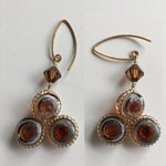Triple Teal / Carmel murano glass earrings, 24k Gold Plated