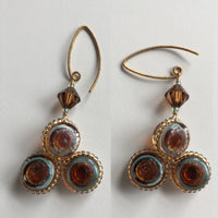 Triple Teal / Carmel murano glass earrings, 24k Gold Plated
