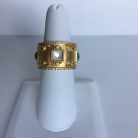 14K Gold Plated Mother of Pearl and Turquoise Band Ring with CZs