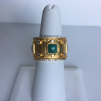 14K Gold Plated Mother of Pearl and Turquoise Band Ring with CZs
