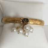 24K Gold Bangle Bracelet with Dangling Pearls