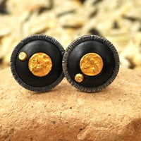 Black ebony cufflinks set in silver w/gold coin & diamond accents