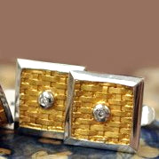 Gold Basket Weave Cufflinks w/Diamond Accents & White Gold Rim