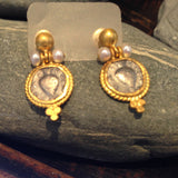24K Gold Earrings with Tarnished Sterling Silver Coins and Pearls