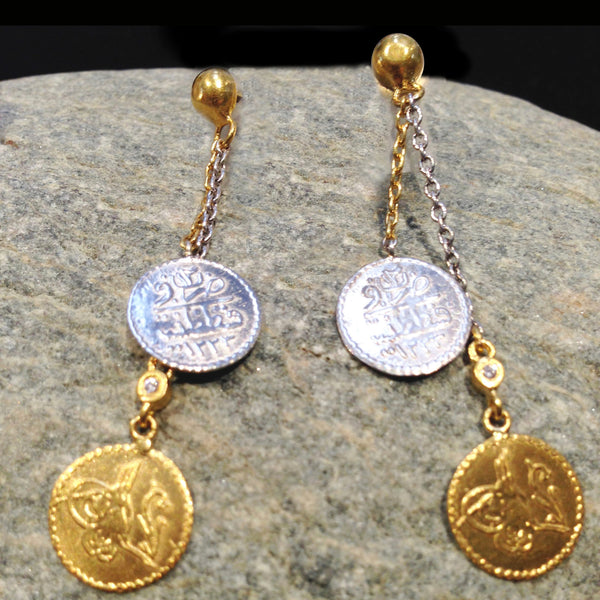 24K Dangling Double Coin Earrings - Long Silver Short Gold