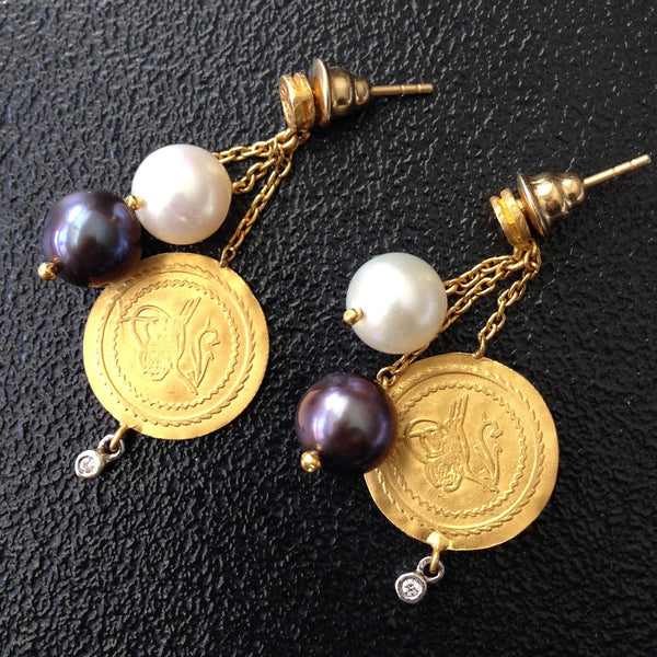Black & White Pearls with Dangling 24K Gold Coin Earrings with Diamonds