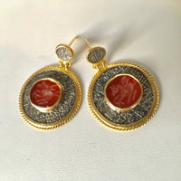 24K Gold & Silver Earrings with Red Agate Center 18K