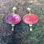 Red Agate Pegasus Oval Shaped 24K Gold Earnings with Diamonds