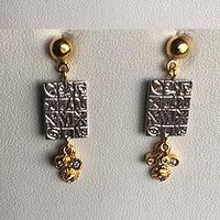24K Gold & Tarnished Sterling Silver TSS Earrings with Dangling Diamonds