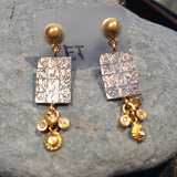 24K Gold & Tarnished Sterling Silver TSS Earrings with Dangling Diamonds