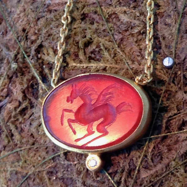 Red Agate Pegasus Oval Cut Pendant with Diamond
