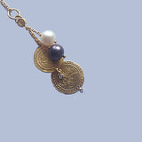 24K Gold Pendant with Double Ottoman Gold Coins and Black & White Pearls