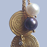 24K Gold Pendant with Double Ottoman Gold Coins and Black & White Pearls