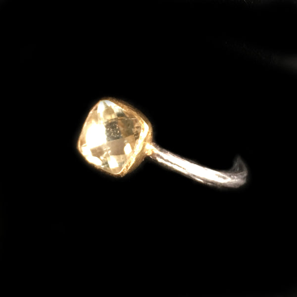 24K Gold White Topaz Gem Candy Ring Set with Tarnished Sterling Silver Shank
