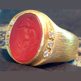 Oval Cut Agate Insignia Ring with Pegasus Etching 24K Gold & Silver with Diamonds