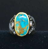 OVAL Turquoise Ring with Jasper Inclusions in Tulip Settings with 2 Large Rose Cut Diamonds
