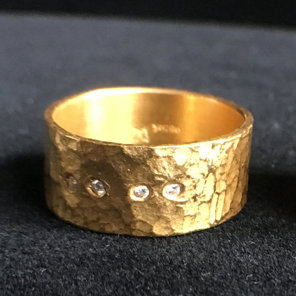 24K Gold Wedding Band, Thick Wide Hammered with Line of Diamonds Size 9.5 Unisex