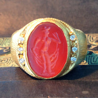 Oval Cut Agate Insignia Ring with Pegasus Etching 24K Gold & Silver with Diamonds
