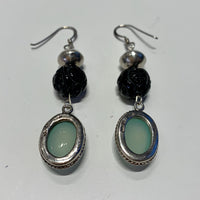 Sterling Silver Earrings with Green Moonstones and Onyx