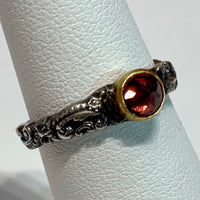 Tarnished Silver Stack Ring w/ 24K Garnet Bezel