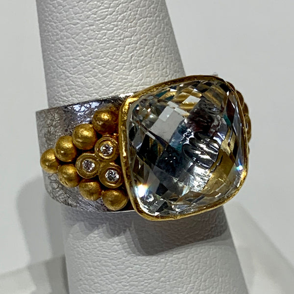 5+ Carat Faceted Cushion Cut White Topaz Ring Set in 24K Gold with Cascade of Diamonds and Gold Nuggets on Both Sides