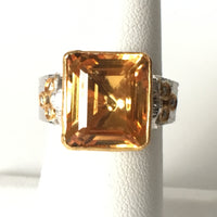 Emerald Cut Citrine Ring Set in 24K Gold with Diamond Accents and Shiny Sterling Silver Shank