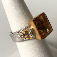 Emerald Cut Citrine Ring Set in 24K Gold with Diamond Accents and Shiny Sterling Silver Shank