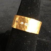 24K Gold Wedding Band, Thick Wide Hammered with Line of Diamonds Size 9.5 Unisex