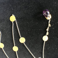 Amethyst and Lime Quartz Briolette Stones with Tarnished Sterling Silver Chain and 24K Gold and Diamond Accents