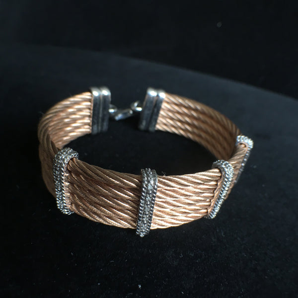 Cable Bracelet in Rose Gold Plated Stainless Steel with White Rhodium Plated Silver and Diamonds