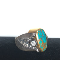 OVAL Turquoise Ring with Jasper Inclusions in Tulip Settings with 2 Large Rose Cut Diamonds