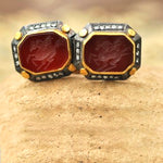 Red agate Pegasus intaglio cufflinks with gold, silver & diamond accents
