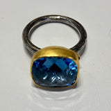 24K Gold Blue Topaz Gem Candy Ring Set with Tarnished Sterling Silver Shank