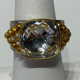 5+ Carat Faceted Cushion Cut White Topaz Ring Set in 24K Gold with Cascade of Diamonds and Gold Nuggets on Both Sides