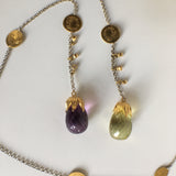 Amethyst and Lime Quartz Briolette Stones with Tarnished Sterling Silver Chain and 24K Gold and Diamond Accents